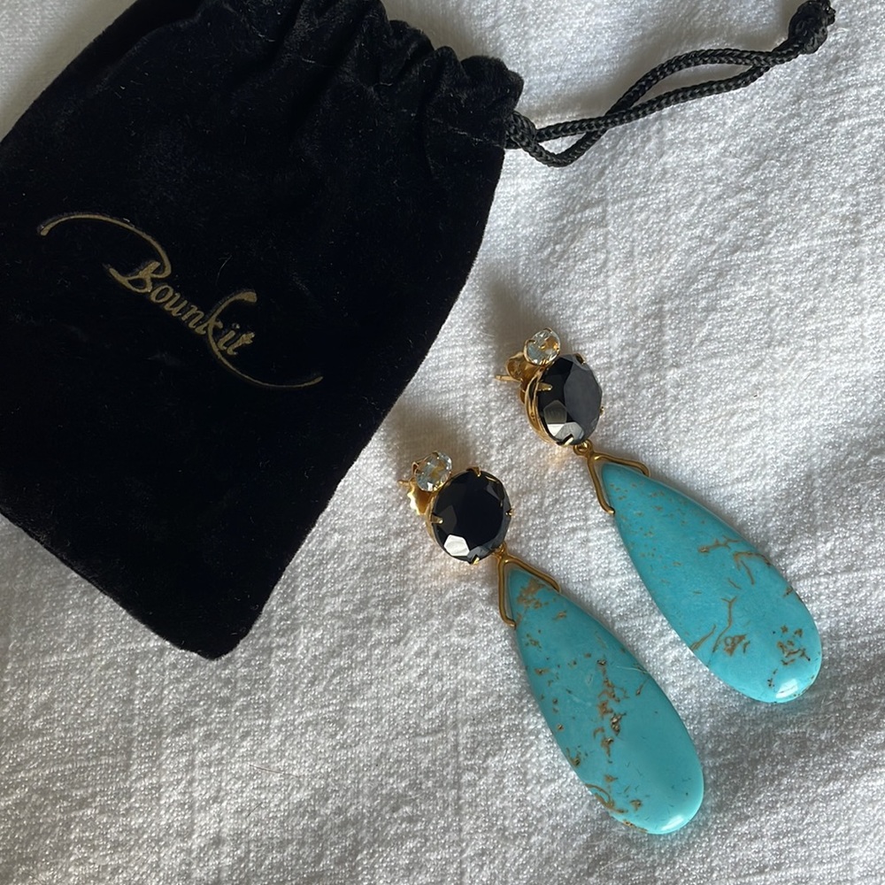 BOUNKIT BLACK ONYX AND TURQUOISE DROP EARRINGS